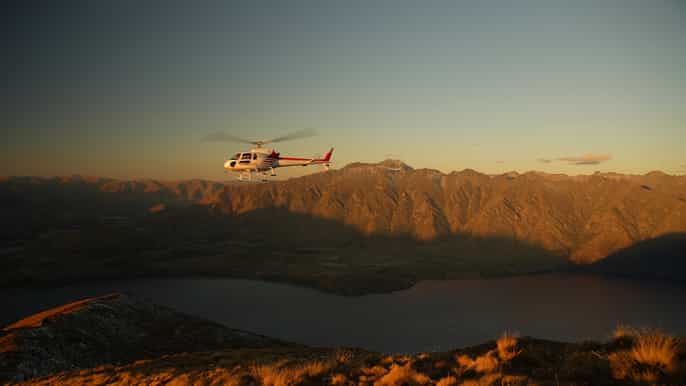 panoramic view helicopter flight with alpine landing
