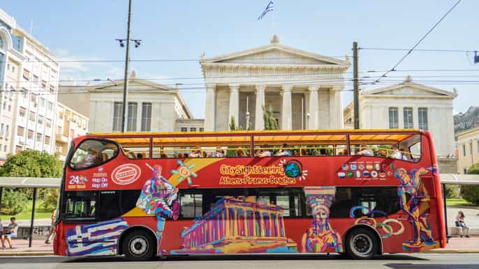 athens red hopon hopoff bus with piraeus and beach rivera