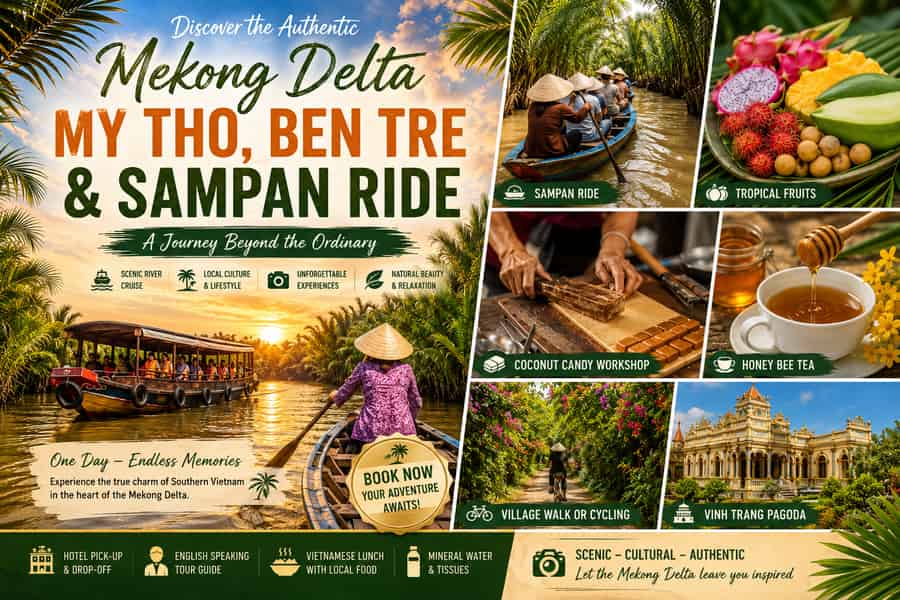 Authentisches Mekongdelta: My Tho, Ben Tre mit Rudersampan. Foto: GetYourGuide Authentisches Mekongdelta: My Tho, Ben Tre mit Rudersampan. Foto: GetYourGuide