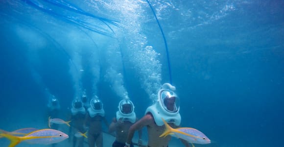 A group in diving helmets walking underwater, yellow fish swimming in the foreground