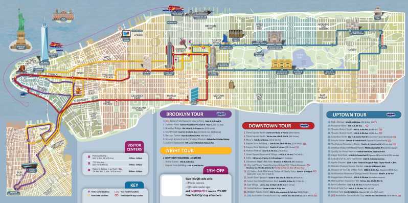 Map Of New York City Streets And Attractions Open Deck Hop On Hop Off Bus All Loops Package To New York Attractions New York City Map Map Of New York