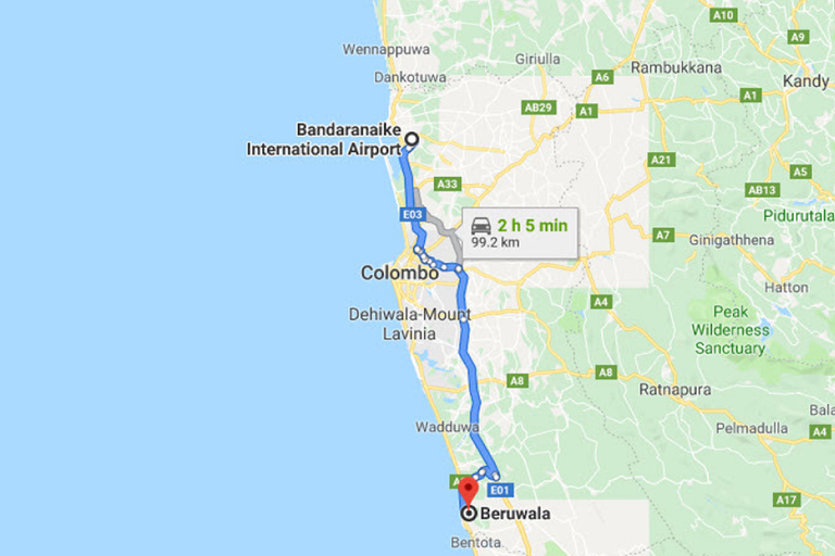 Colombo: privétransfer van CMB Airport naar Beruwala CityTransfer tussen de luchthaven van Colombo (CMB) en de stad Beruwala