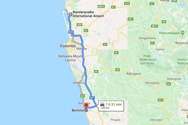 Kolombo: z lotniska CMB do prywatnego transferu do miasta BentotaTransfer między lotniskiem Colombo (CMB) a miastem Bentota
