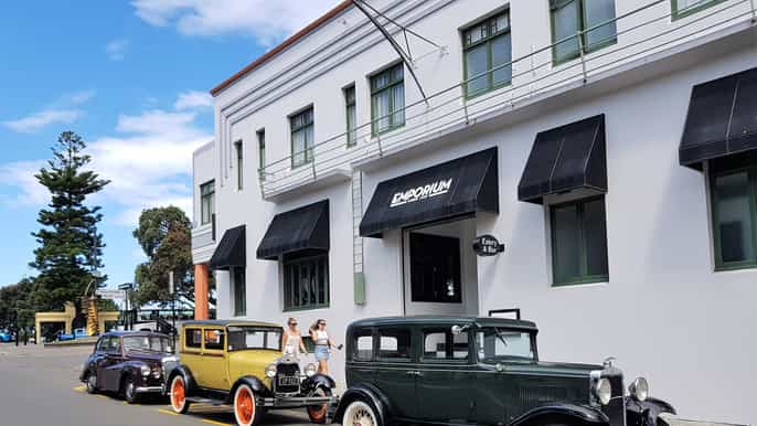 napier art deco tour in a vintage car
