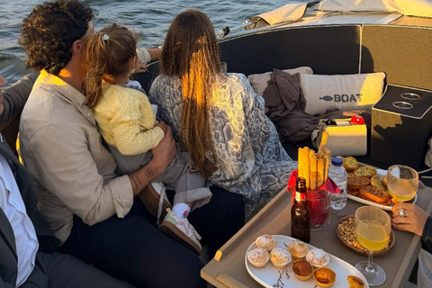 Lisbon Sunset Luxury Boat Vibes with Drinks & Pizza Lisbon Luxury Cozy Cruise with Drinks & Pizza