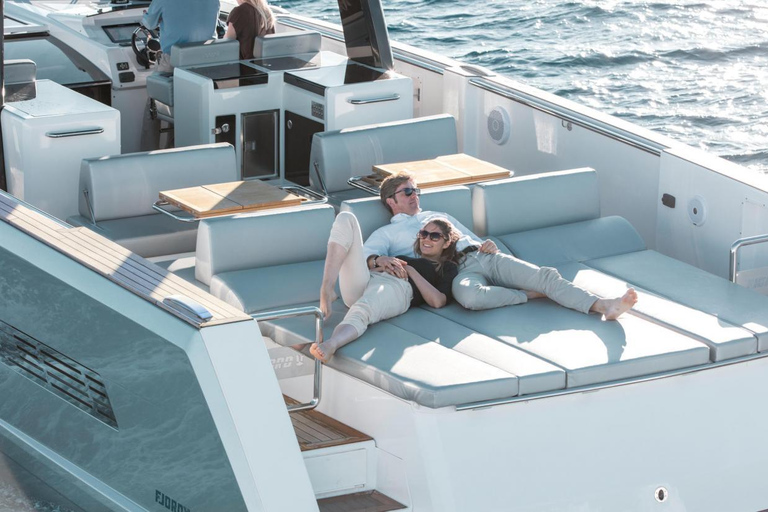 Caldera Private Cruise with Luxury Fjord 52 Motor Yacht Sunset Cruise