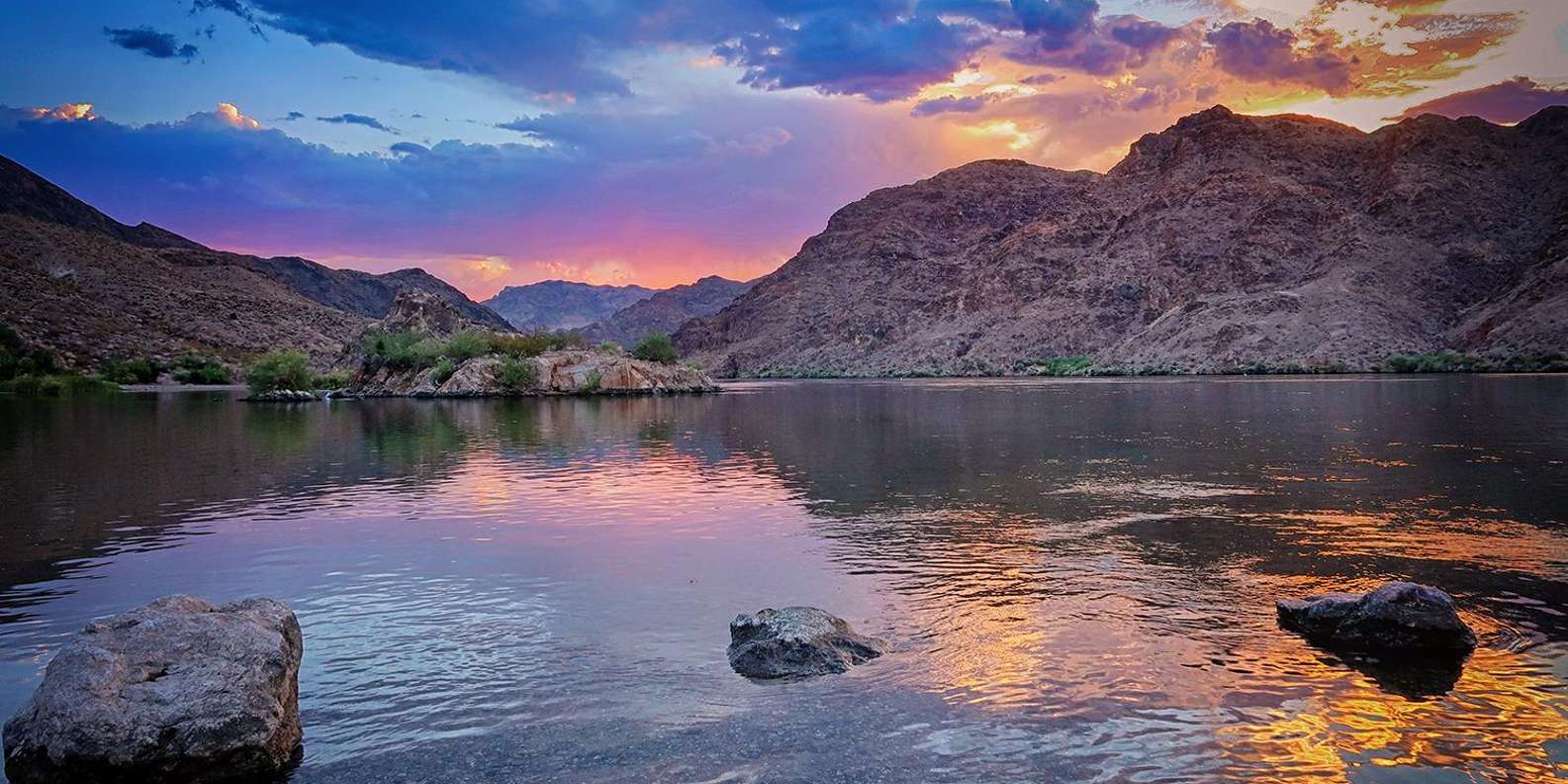 Twilight kayak tour on the Colorado River — campfire at sunset, Black Canyon