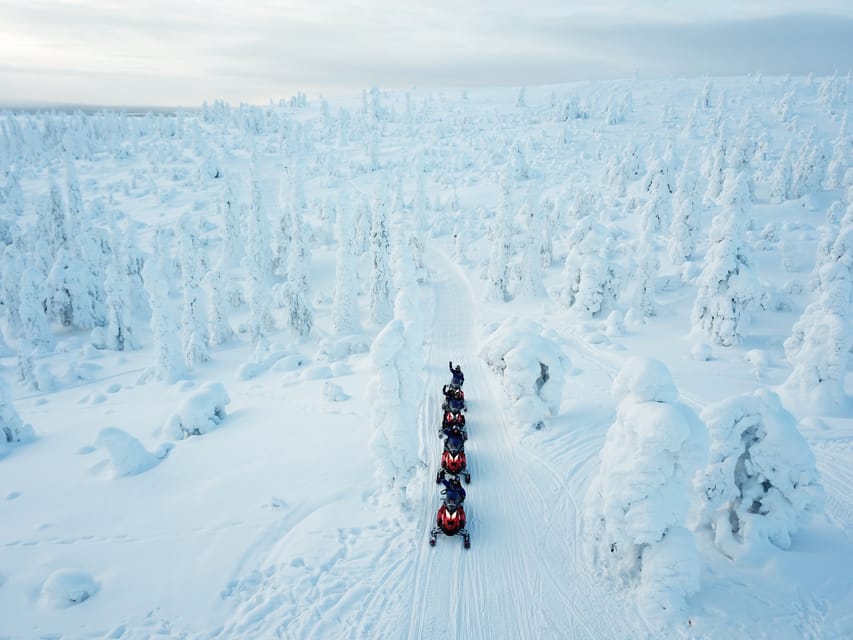 Two snowmobiles following a marked trail through a snowy pine forest in Levi