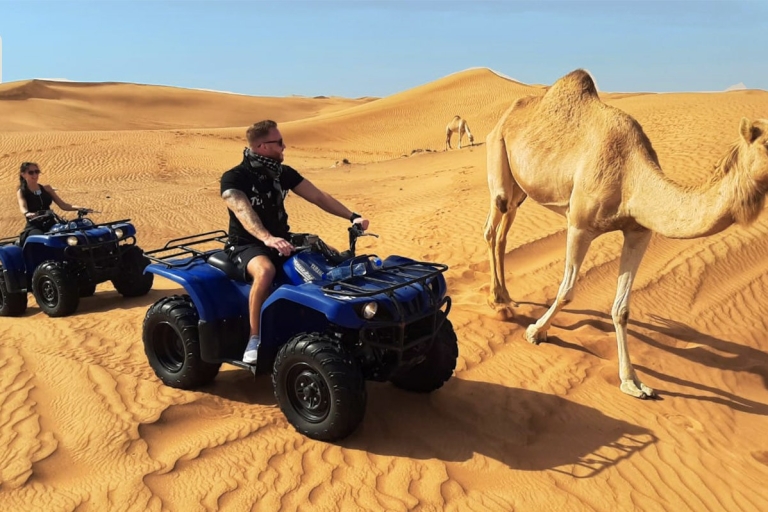 From Dubai: Morning ATV Quad Biking Desert Safari Adventure Private Transfer 1hr Quad Bike Safari with VIP BBQ Dinner