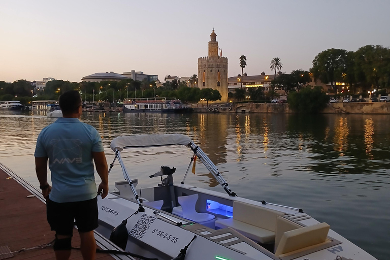 Seville from the Guadalquivir: Electric water taxi ride, TAXI SHIP. Bonifaz, father of the Spanish Navy, and the Battle of Guadalquivir.