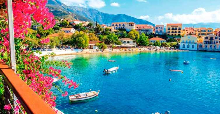 Scenic bay with stunning sea water, pine trees. Assos village