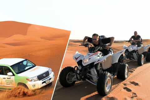 Convoy of 4x4s dune bashing on Dubai’s red dunes at sunset