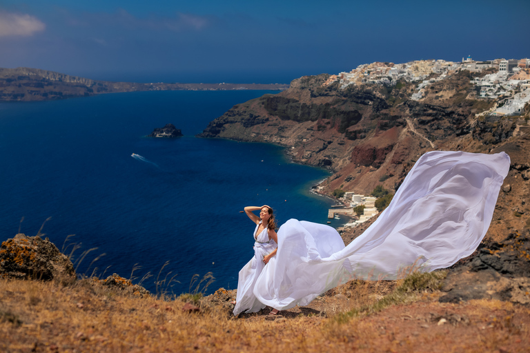 Santorini: Flying Dress Photoshoot with Caldera Backdrop 1 hour session with 1 flying dress