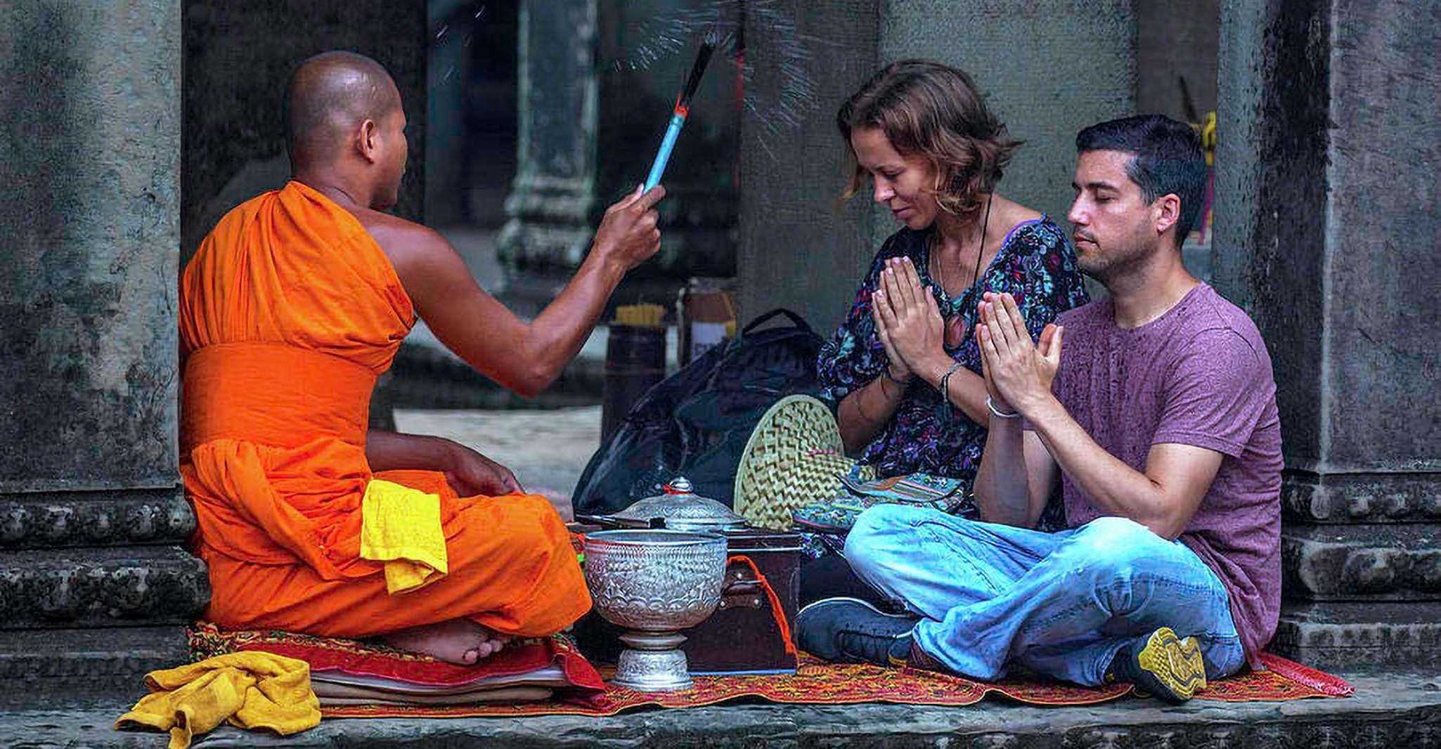 Siem Reap, Buddhist Monastery with Monks Water Blessing - Housity
