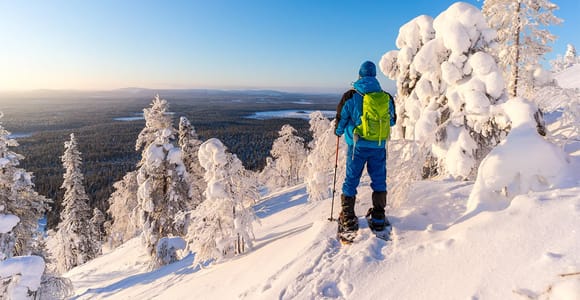 A group in snowshoes walks single file through deep snow between snow-laden spruce trees