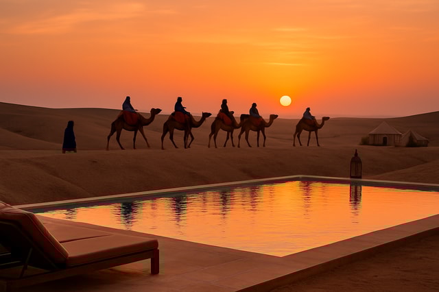 Marrakech: kamelenrit bij zonsondergang in de Agafay-woestijn met diner en zwembad