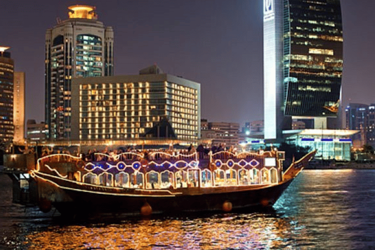 Dubai: Dhow Cruise Dinner at Creek, Marina with Upper deckMarina Cruise + Dinner + Live Shows (Sharing transfer)