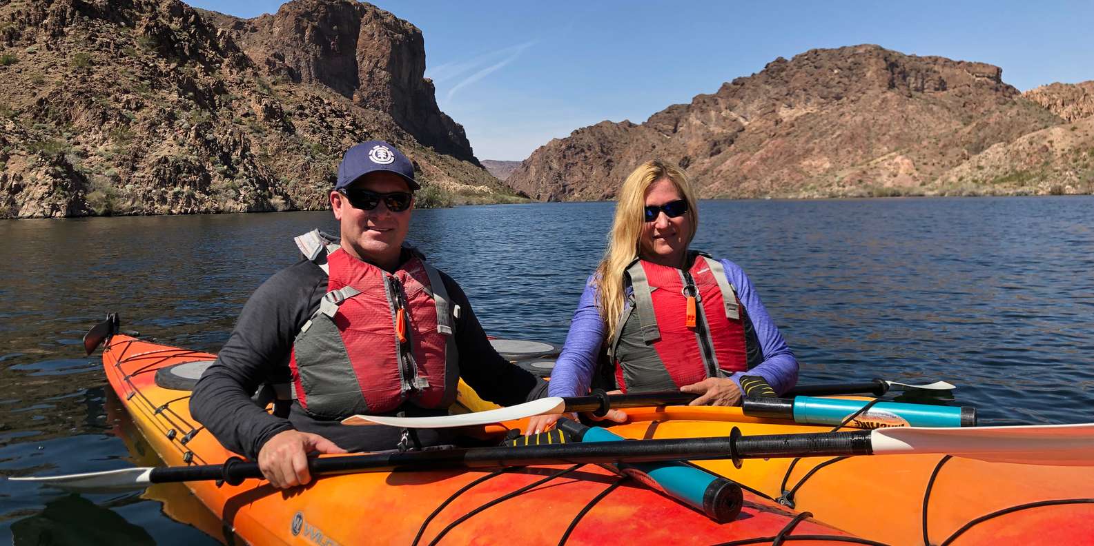 Full-day Black Canyon kayak tour group on the Colorado River below Hoover Dam