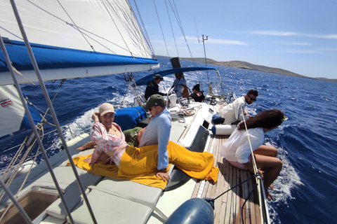 Mykonos : Croisière à la voile d'une journée complète sur Delos et Rhénia avec repasCroisière à la voile en groupe partagé sur Délos et Rhénanie avec repas