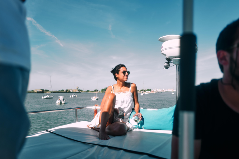 Lisbona: tour privato di 3 ore in catamarano di lusso con bagnoLisbona: tour privato di 3 ore in catamarano di lusso con nuoto