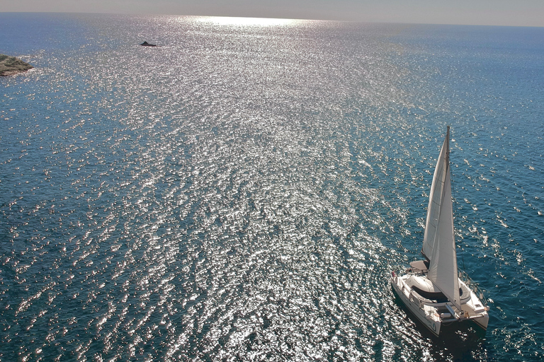 Santorin : Excursion d'une journée complète en catamaran avec nourriture et boissonsSantorin : Excursion d'une journée complète