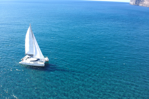 Santorin : Excursion d'une journée complète en catamaran avec nourriture et boissonsSantorin : Excursion d'une journée complète