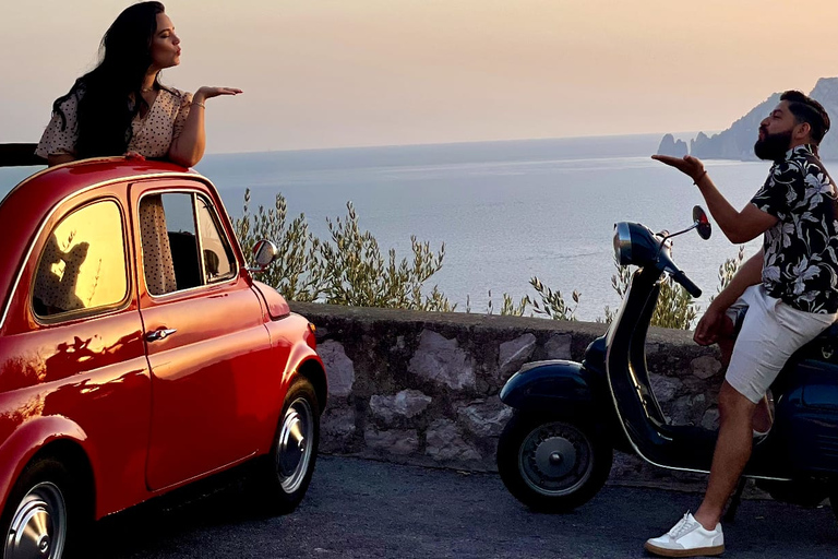 جولة صور للأزواج في ساحل سورينتو بواسطة Vintage Fiat 500جولة تصوير غروب الشمس