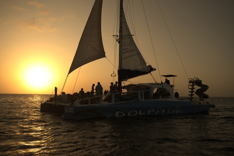 Aruba: avontuurlijke catamarancruise bij zonsondergang met dolfijnenNoord: catamarancruise bij zonsondergang met dolfijnen