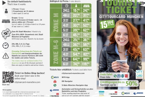 CityTourCard Monachium: komunikacja publiczna i zniżki4-dniowy bilet grupowy – M (obszar śródmiejski MVV)