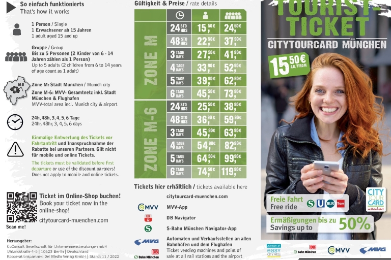 CityTourCard Monachium: komunikacja publiczna i zniżki4-dniowy bilet dla 1 osoby – M-6 (cały obszar MVV)