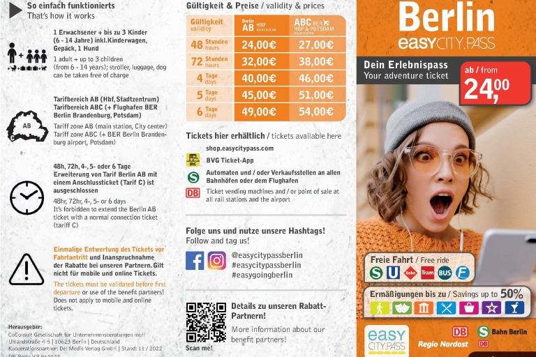 EasyCityPass Berlin: komunikacja publiczna i zniżkiBerlin: EasyCityPass na 6 dni – Strefy ABC