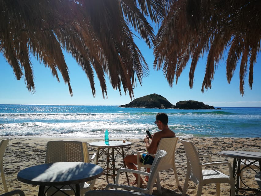 A person with a phone at a beach café table in the shade of palm fronds, with waves and two rocky islets behind