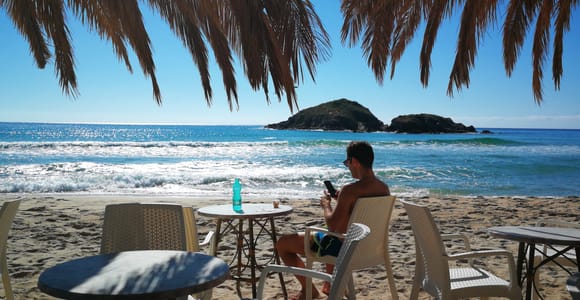 A person with a phone at a beach café table in the shade of palm fronds, with waves and two rocky islets behind