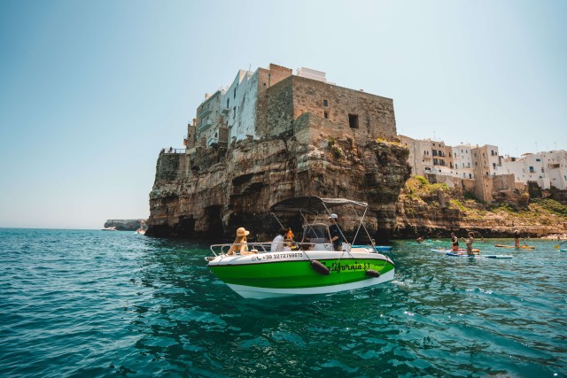 Visit Polignano a Mare Private Speedboat Cave Trip with Aperitif in Puglia, Italy