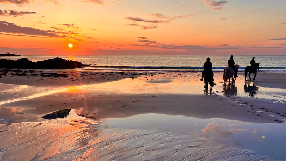 A low golden sun above the sea illuminating a quiet Lofoten beach at midnight