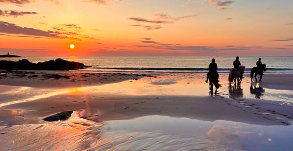 A low golden sun above the sea illuminating a quiet Lofoten beach at midnight