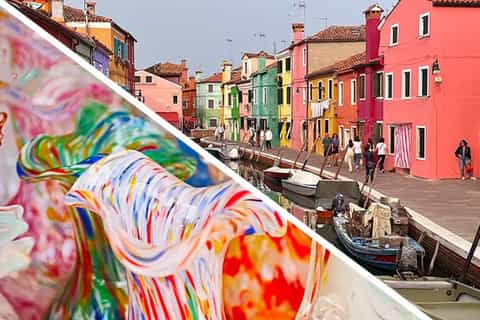 Boat approaching colorful houses on Burano island
