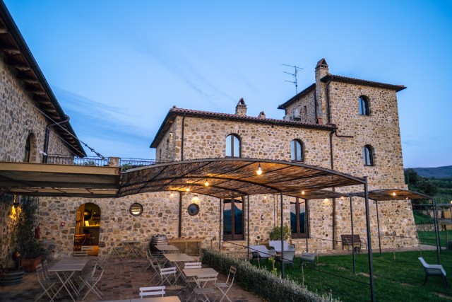 Visit Aperitif on the Terrace of Podere Montale at Sunset in Tuscany