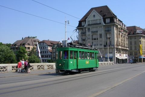 Basel: City Tour in a Vintage Streetcar Standing place in motorized front carriage