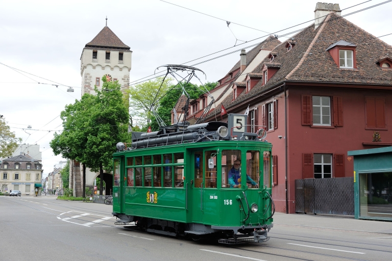 Basel: City Tour in a Vintage Streetcar Standing place in motorized front carriage