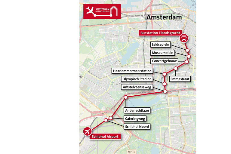 Amsterdam: Trasferimento in autobus espresso dall&#039;aeroporto a/da il centro cittàTransfer aeroportuale espresso di andata e ritorno per la città (valido 14 giorni)