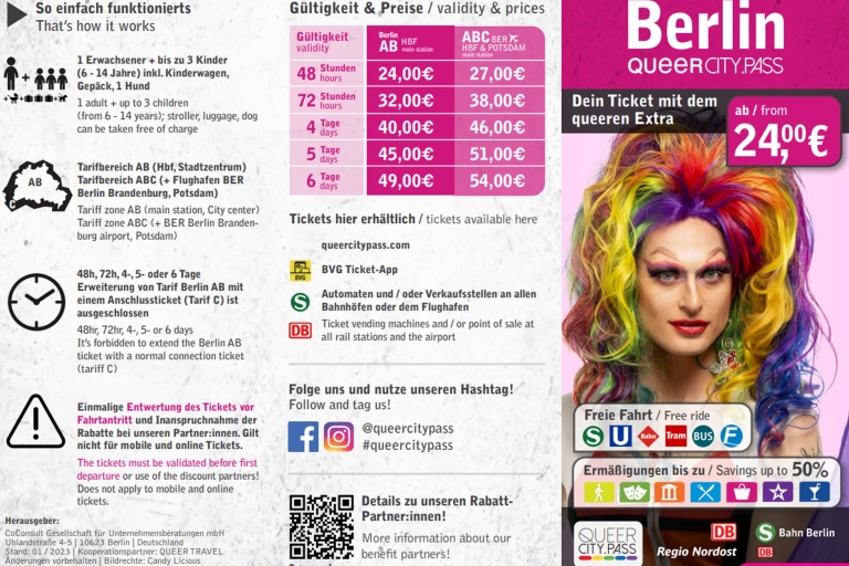 Berlin: QueerCityPass with Transportation and Discounts QueerCityPass Berlin ABC 72h