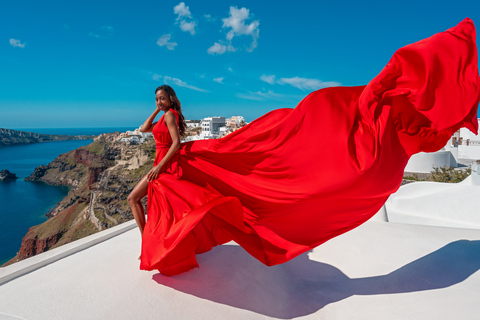 Santorini: Unique Flying Dress Photoshoot with Drone! Flying Dress Photoshoot with Drone