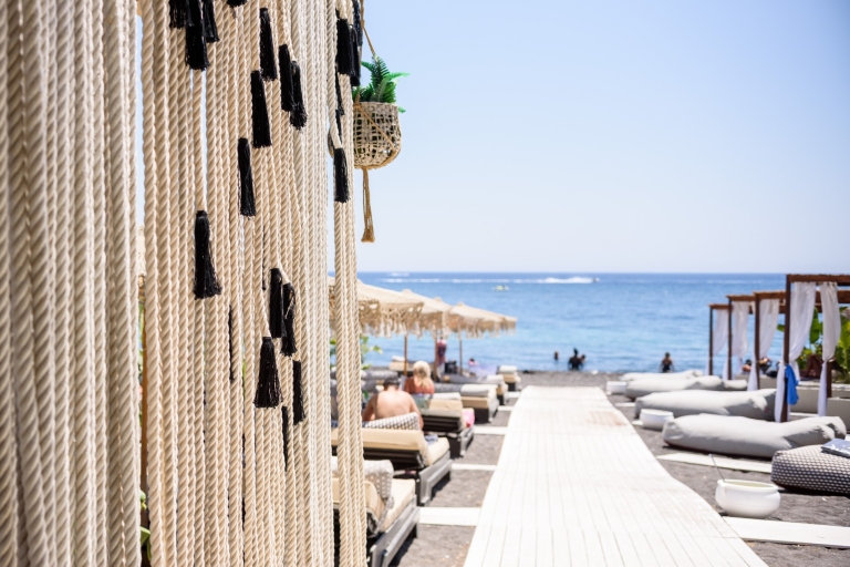 Perivolos Beach: Sun-Bed Experience FortyOne Bar Restaurant 1st Row Sunbeds with Towels, Champagne Bottle, Fruit & Sushi