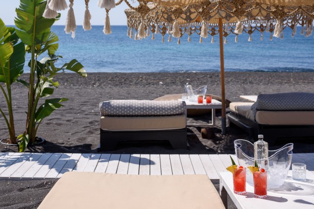 Visit Perivolos Beach Sun-Bed Experience FortyOne Bar Restaurant in Fira, Santorini, Greece