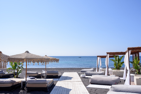 Perivolos Beach: Sun-Bed Experience FortyOne Bar Restaurant Private Cabana with Towels, Champagne Bottle, Fruit & Sushi