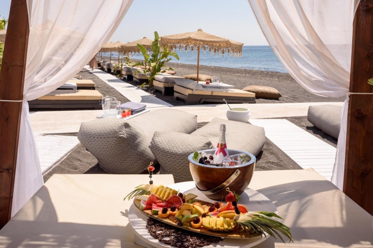 Perivolos Beach: Sun-Bed Experience FortyOne Bar Restaurant Set of 2 Sunbeds with Towels, 1 Prosecco/Wine Bottle & Fruit