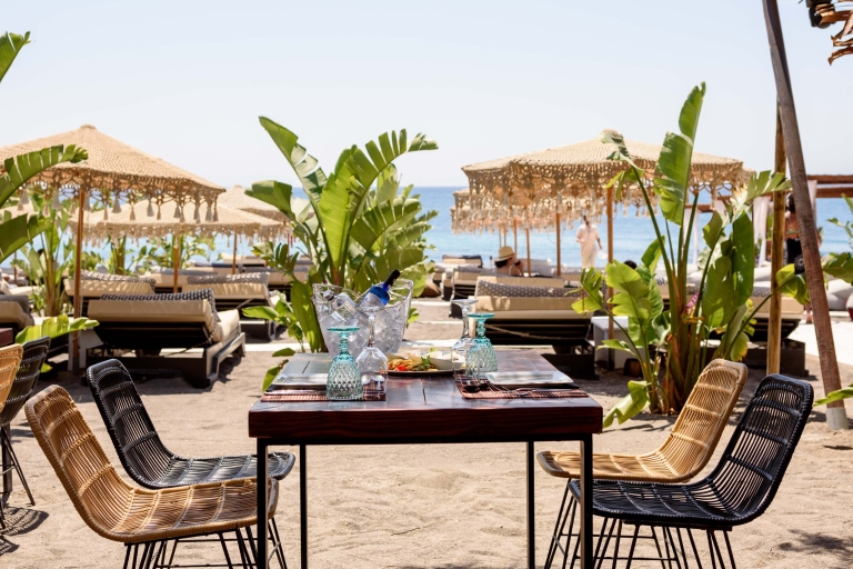 Perivolos Beach: Sun-Bed Experience FortyOne Bar Restaurant 1st Row Sunbeds with Towels, Champagne Bottle, Fruit & Sushi