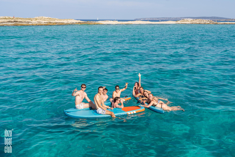 Ibiza: Formentera Sunset Boat Part with Drinks and Food Full Day Pass at Ibiza Boat Club (Early Bird Phase 2)