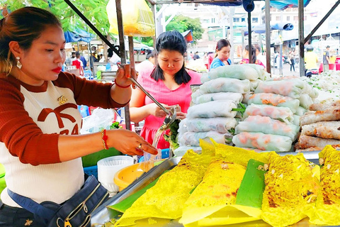 Cruzeiro em vilarejo flutuante no lago Tonle Sap e passeio de comida de rua